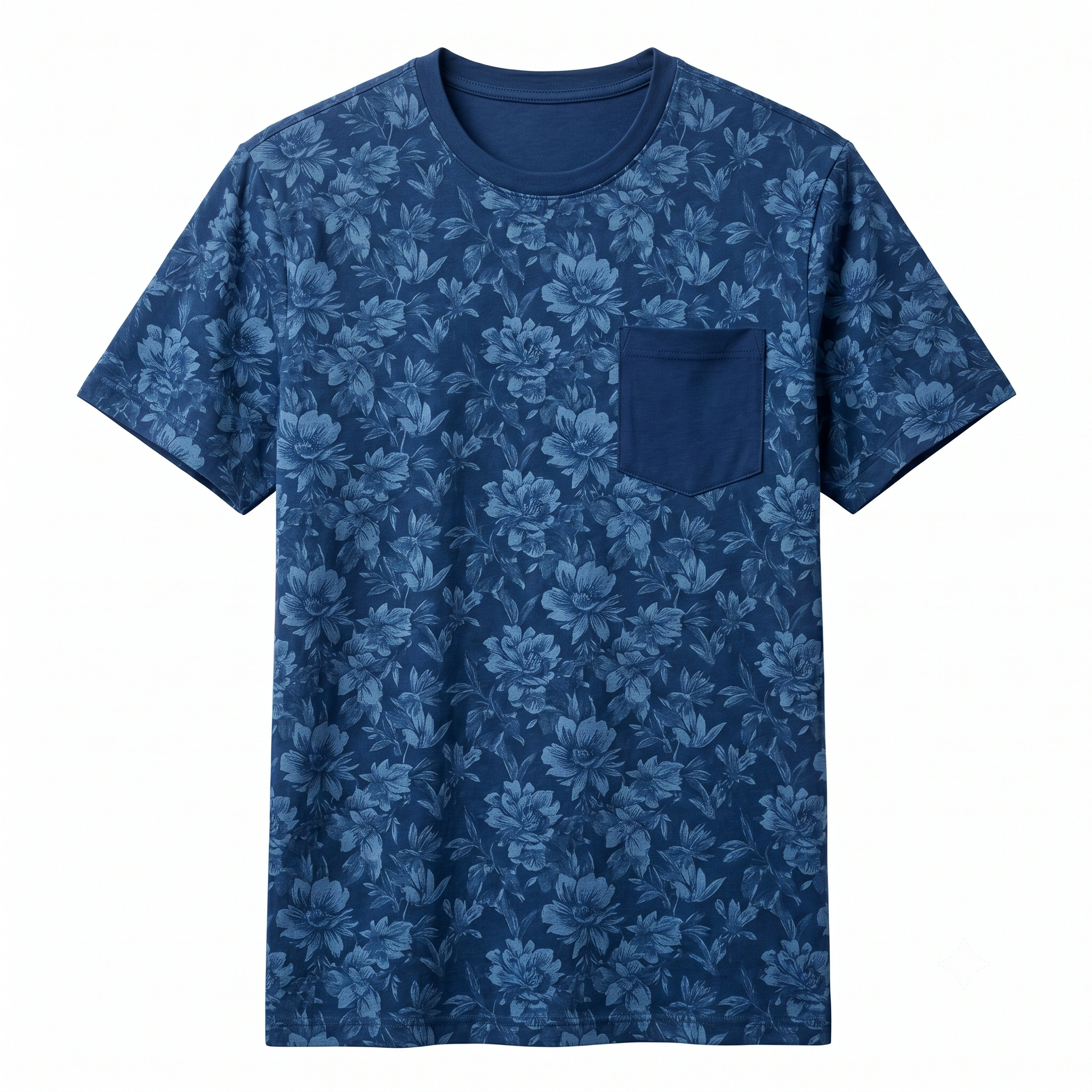 Indigo Floral Print Cotton T-Shirt with Pocket