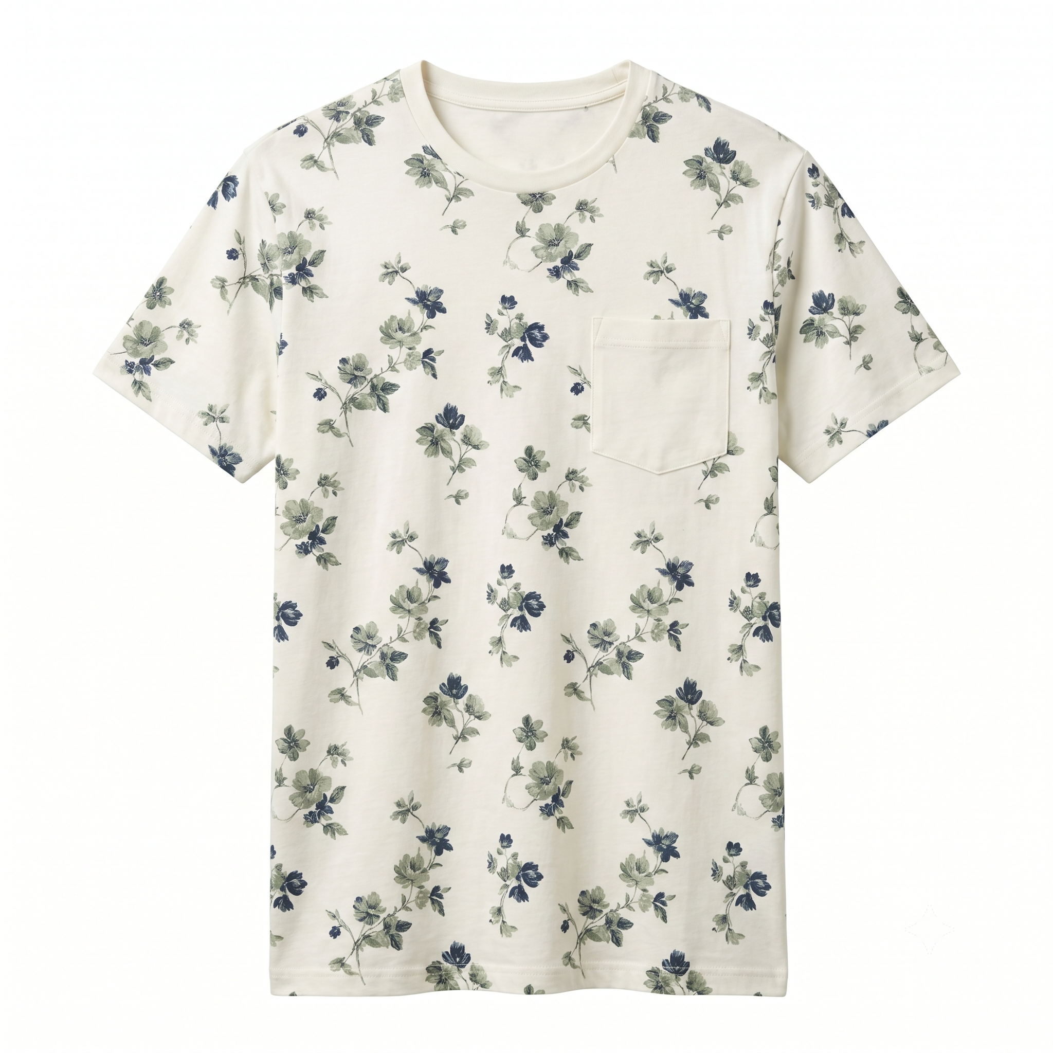 Off-White Floral Print Cotton T-Shirt with Pocket